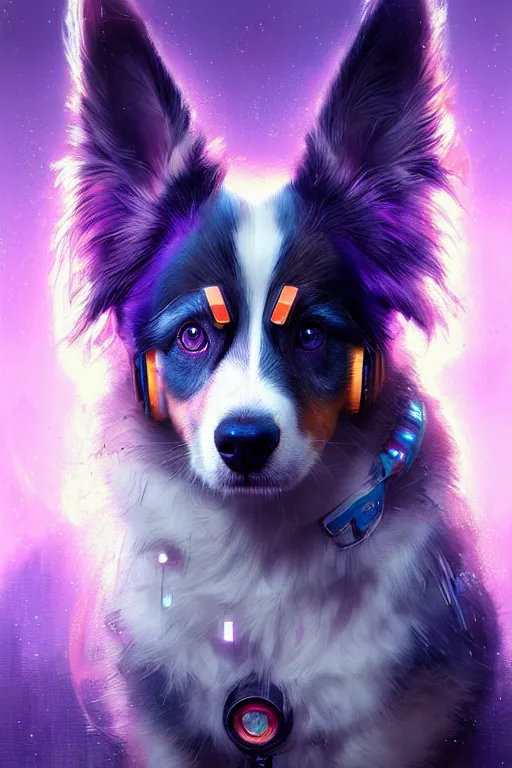 Image similar to a beautiful portrait of a cute cyberpunk australian shepard by greg rutkowski and wlop and sandra chevrier, purple blue color scheme, high key lighting, volumetric light, digital art, highly detailed, fine detail, intricate, ornate, complex, octane render, unreal engine, photorealistic