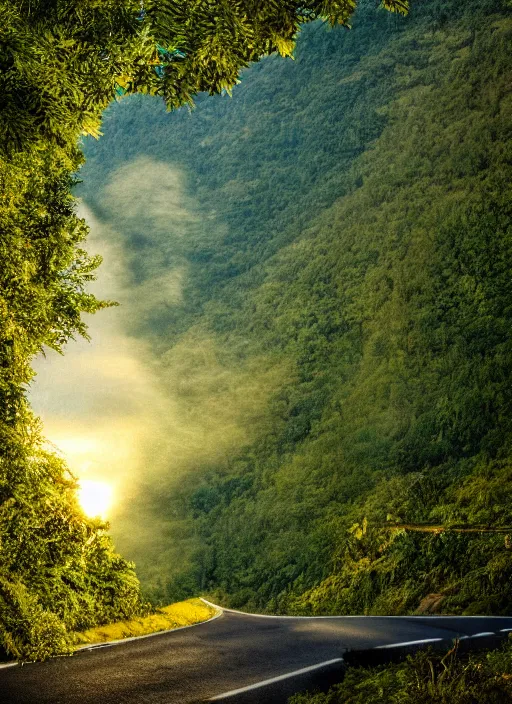 Image similar to a 2 8 mm macro photo of a winding mountain highway, fluffy clouds at sunset, lush greenery, splash art, movie still, bokeh, canon 5 0 mm, cinematic lighting, dramatic, film, photography, golden hour, depth of field, award - winning, anamorphic lens flare, 8 k, hyper detailed, 3 5 mm film grain, hazy