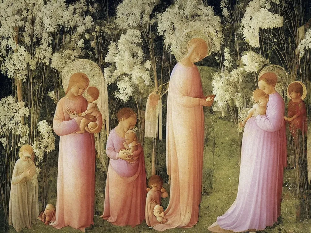 Image similar to Woman dressed in white with six babies. Iris flower in a vase, garden outside with Cypresses. An angel is arranging the seashells. Painting by Fra Angelico.