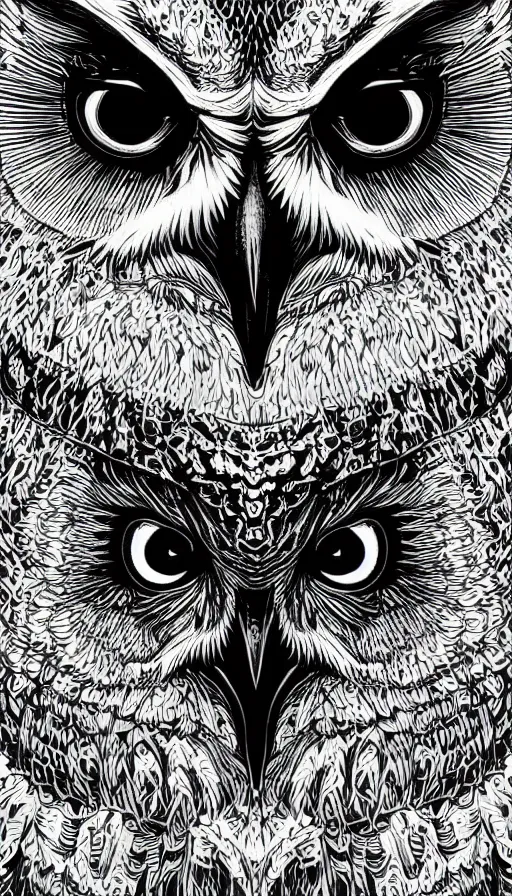 Image similar to black and white illustration head of a owl, super detailed, by dan mumford, by adams ansel, high contrast, monochromatic