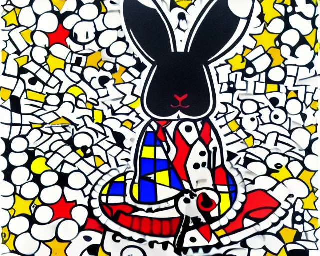 Image similar to a small black rabbit with white spots, fine art by romero britto