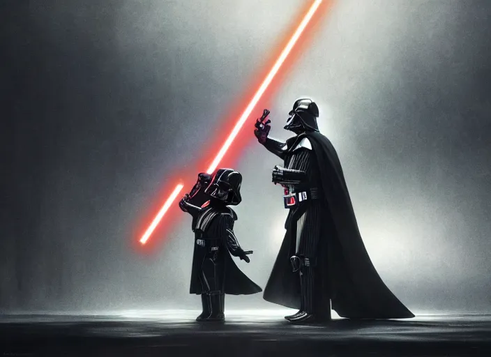 Prompt: a dramatic highly detailed render of darth vader with lightsaber drawn facing off against a cute baby, futuristic star wars vibe, by WLOP and Artgerm and Greg Rutkowski and Alphonse Mucha, Beautiful dynamic dramatic dark moody lighting, shadows, cinematic atmosphere, Artstation, concept design art, Octane render, 8K, masterpiece, sharp focus, hyperrealistic
