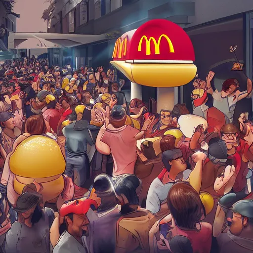 Image similar to people riot for getting macdonalds hamburgers. artstation, art surreal