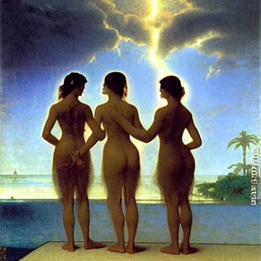 Prompt: Silhouette of four girl at the palace, thunderstorm, greek pool, beach and palm trees on the background major arcana sky, by paul delaroche, alphonse mucha and arnold böcklin arnold böcklin hyperrealistic 8k, very detailed