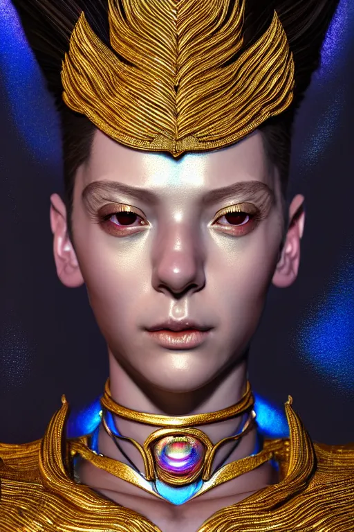 Prompt: hyperdetailed portrait of a stunningly beautiful movie 3 0 years old french movie star androgynous woman guard made of iridescent metals, shiny gems, inspired by ross tran and wlop and masamune shirow and kuvshinov, concept art, intricate, photorealistic, octane render, rtx, hdr, unreal engine, dnd digital art by artgerm