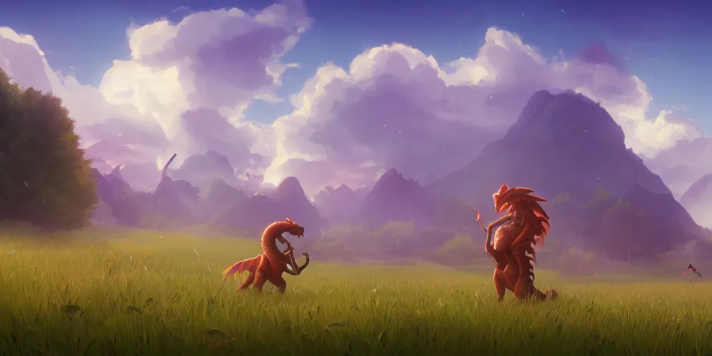 Prompt: A dragon stands in the middle of a meadow, mattepainting concept Blizzard pixar maya engine on stylized background splash comics global illumination lighting artstation lois van baarle, ilya kuvshinov, rossdraws