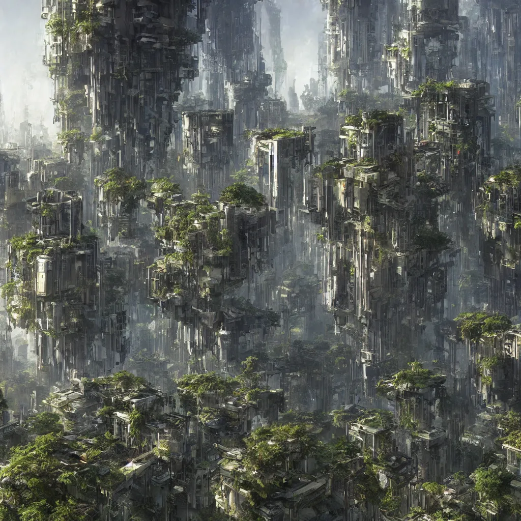 Prompt: A vertical city with multiple outdoor layers with varying amounts of vegetation with big windows and visible parks and mountains background, brutalist architecture, craig mullins style, solarpunk, concept art