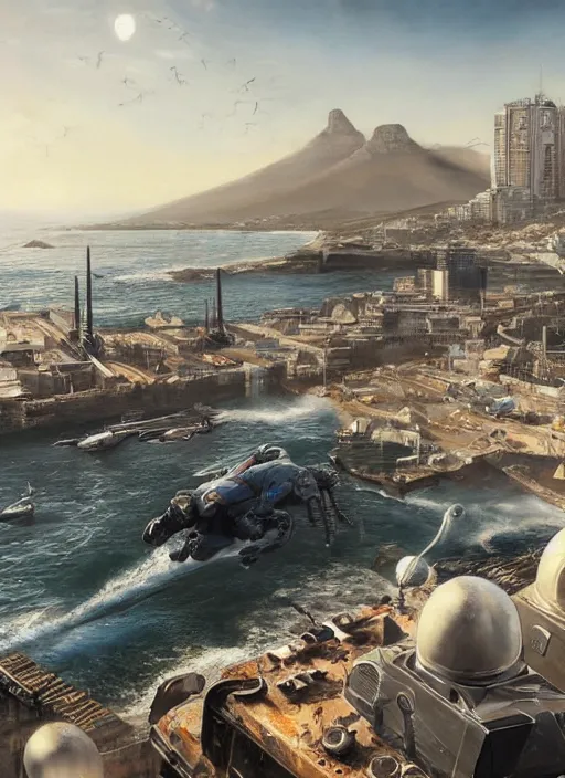 Image similar to hyper realistic robot attacking cape town city harbor beautiful details, strong composition, poster painted by weta studio rutkowski, james gurney and greg rutkowski, and lucasfilm