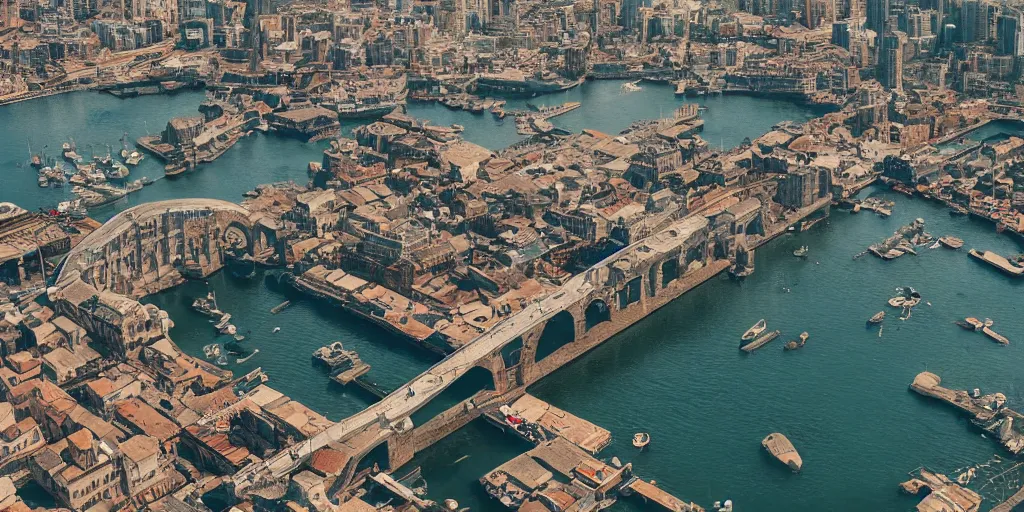 Image similar to ancient city on top of a tall bridge structure over the ocean, tall arches into the water, long, fading off into the distance, city in the clouds, top down view, markets, busy people, city docks, artstation