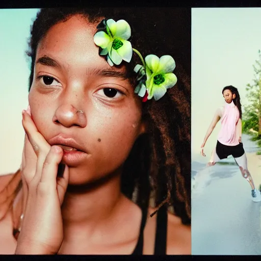 Image similar to realistic! photoshoot for a new nike lookbook, color film photography, portrait of a beautiful woman, woman got a flower in her hair, in style of tyler mitchell, 35mm