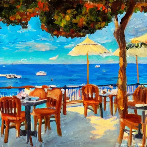 Image similar to small cafe in italy, capri coast, sea, sunny day, summer, clouds on the sky, oil painting style,