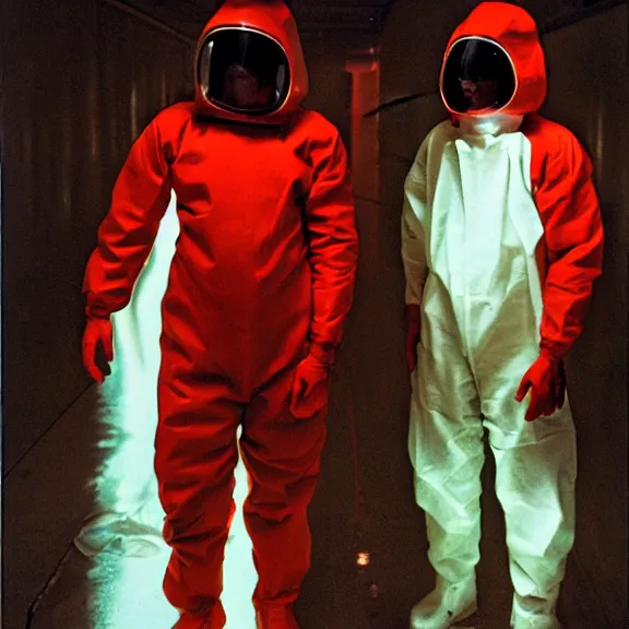 Prompt: two scientists wearing red rick owens hazmat suits in a tunnel of fluorescent lights by frank frazetta