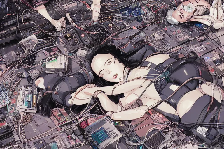 Image similar to a refined cyberpunk illustration of a group of female androids' lying on a white floor with their body parts scattered around and cables and wires coming out, by katsuhiro otomo and masamune shirow, hyper-detailed, colorful, view from above, wide angle, close up