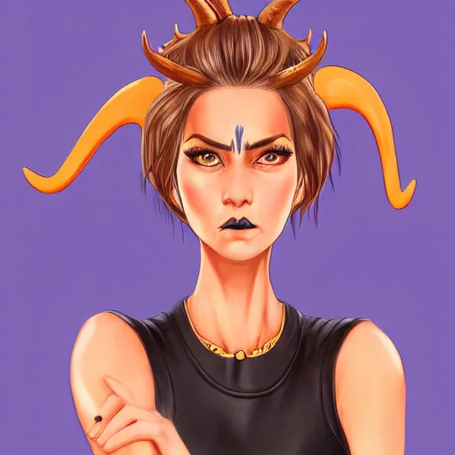 Image similar to illustrated realistic portrait of swept-back prong-horned devil woman with blue bob hairstyle and her tan colored skin and with solid black eyes wearing leather by rossdraws