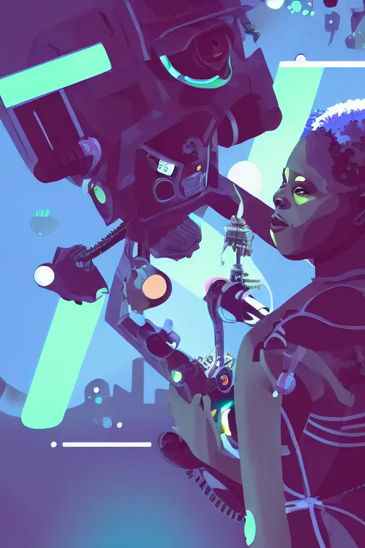 Image similar to a black girl fixing a robot, in the nature, mixing solarpunk, afropunk and cyberpunk technology and aesthetic ( ( ( ( volumetric light ) ) ) ), high angle, part by pearl fryar, part by prince damah, sunny day, trending on artstation, cinematic view, illustration, painting.