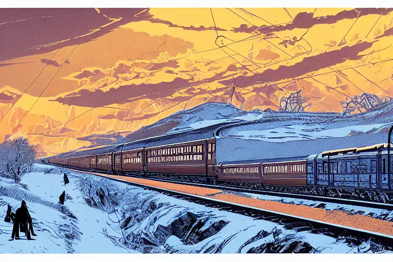 Image similar to trans - siberian express train ultrafine drawing by joe fenton and syd mead and p. craig russell and barry windsor - smith, artstation, 4 k, graphic novel, concept art, matte painting, beautiful russian winter landscape sunset background, golden hour, art nouveau, sharp