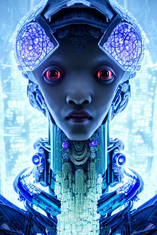 Image similar to asura from chinese myth, ghost, gorgeous and huge head ornaments, dystopian, cyberpunk, organic fractal mycelum and fungi, mecha, halfturn portrait of a big crystal face made of crystals half - turn, ominous, intricate, studio, art by anthony macbain + greg rutkowski + alphonse mucha, concept art, 4 k, sharp focus