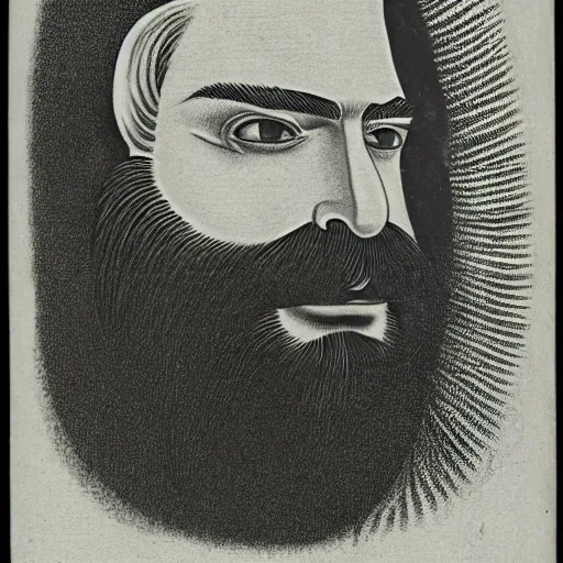 Image similar to young man, long hair, short facial hair, no mustache, dark green eyes, dark eyebrows, light widows peak light facial hair, in the style of mauritz cornelis escher, in - frame