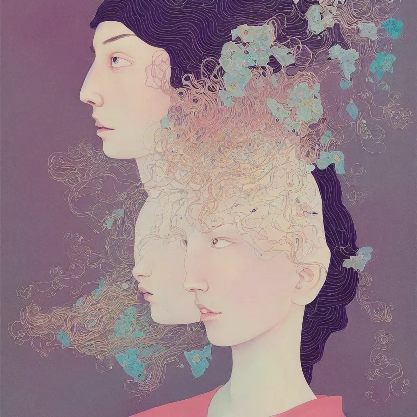 Image similar to portrait painting of a female, surrealism, children's illustration, aesthetically pleasing natural and pastel colors, art by victo ngai, portrait