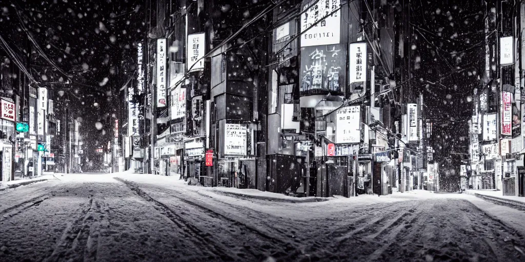 Image similar to a city street at night, snowing, photograph, cyberpunk, sharp focus, intricate detail, Desolate, drone shot, high resolution, 8k, neon streetlights, wires hanging down everywhere, Japan