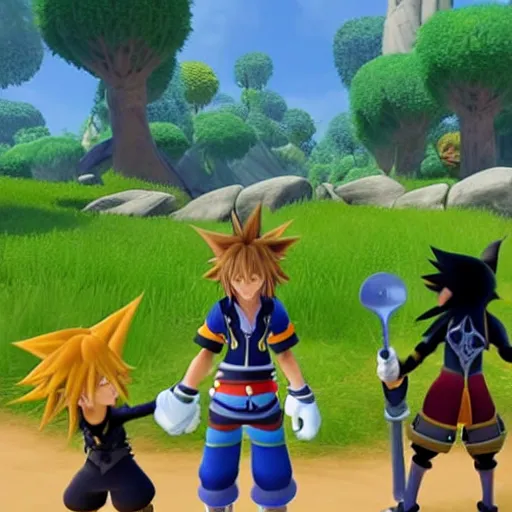 Image similar to A leaked image of a Warrior cats world in Kingdom Hearts 4, Kingdom hearts worlds, Sora donald and Goofy exploring the world of Warrior cats, action rpg Video game, Sora wielding a keyblade, Disney inspired, cartoony shaders, rtx on, Erin hunter, Warrior cats book series