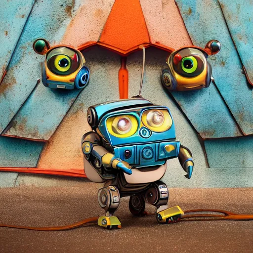 Prompt: two small chubby bots, hyperdetailed colourful, panelling, aerodynamic, intricate detail, holding, style of cute pokemon, with damaged rusty arms, antenna, jerboas, floating, white studio, oil, mechanical, cute toy, wall - e, ambient light, in the style of pixar animation, pokedstudios, blender, octane render, 8 k,