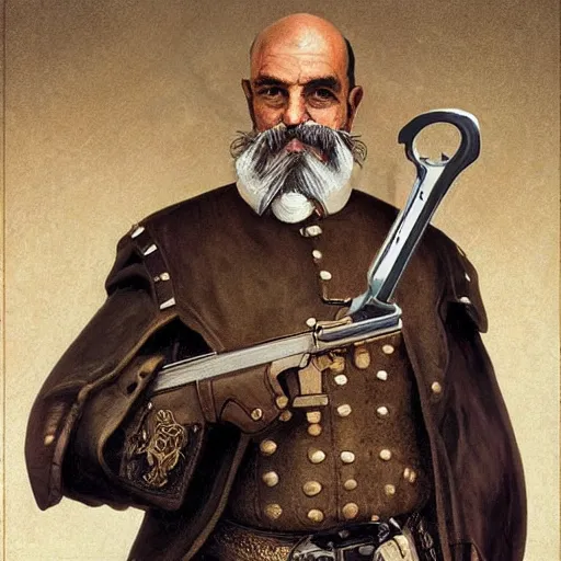 Image similar to “ a modern catholic priest, who looks like don quixote, black beard and moustache, with a revolver at his side, d & d, fantasy, intricate, cinematic lighting, highly detailed, digital painting, artstation, concept art, smooth, sharp focus, illustration, art by artgerm and greg rutkowski and alphonse mucha ”