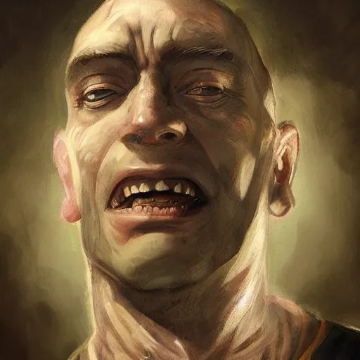 Image similar to a head - on detailed oil portrait of a handsome round - faced bald man with a friendly smile, by charlie bowater, lise deharme, wlop, trending on artstation, dungeon and dragons art, critical role