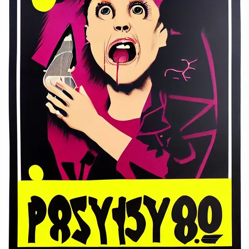 Prompt: an 80s poster art of a scary movie psycho nut job