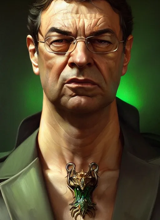 Image similar to portrait of aggressive florentino perez, d & d, muscular! green, fantasy, intricate, elegant, highly detailed, digital painting, artstation, concept art, smooth, sharp focus, illustration, art by artgerm and greg rutkowski and alphonse mucha