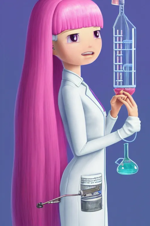 Image similar to highly detailed, industrial photography, profile view of adult princess bubblegum from adventure time, working in her science lab, wearing lab coat, long bubblegum hair, long straight bangs, confident, beautiful, attractive, illustration concept art by nicoletta ceccoli, mark ryden, lostfish, detailed and intricate environment, 8 k resolution, hyperrealistic, octane render