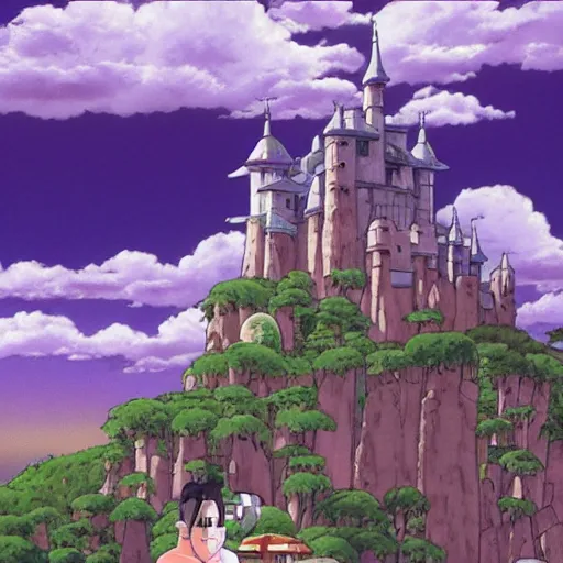 Prompt: castle in the sky, cyberpunk, studio ghibli, violet sky, anime background