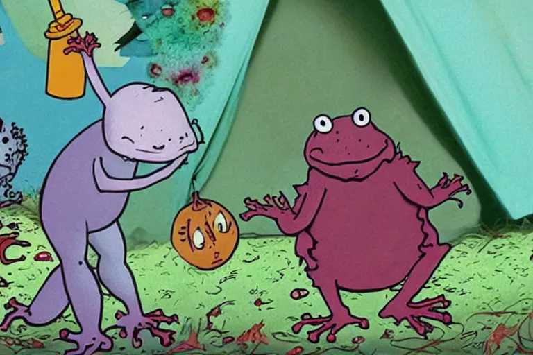 Image similar to a full color still frame from a freaky kids tv show about a gross hairy frog and a sad dumb ghost, tickle fight in the death tent, horror vibe, grunge, despair