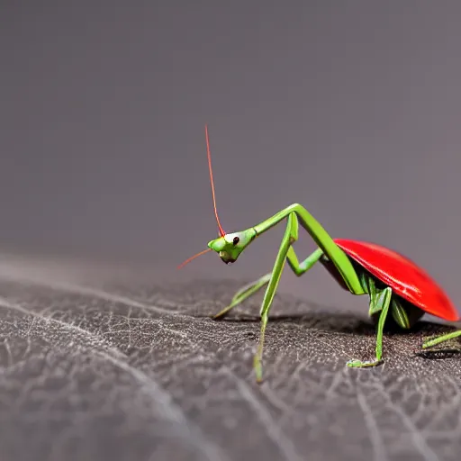 Image similar to a macro tilt shift render of a praying mantis eating a ladybug