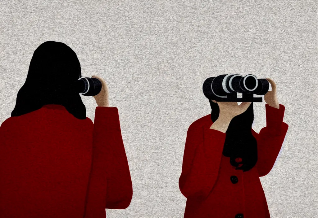 Image similar to young european woman in a long red coat peering through binoculars, portait, in the style of wes anderson, rene magritte, lola dupre, david hockney, isolated on white background, dark monochrome neon spraypaint accents octane render