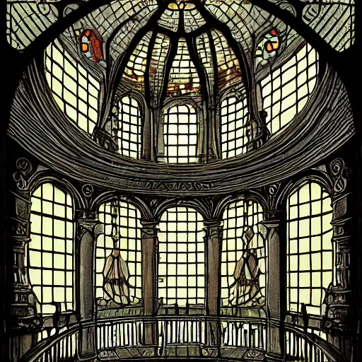 Prompt: arcane library with spiral staircases, very detailed, late evening, stained glass windows, artstation, Samuel Schultz