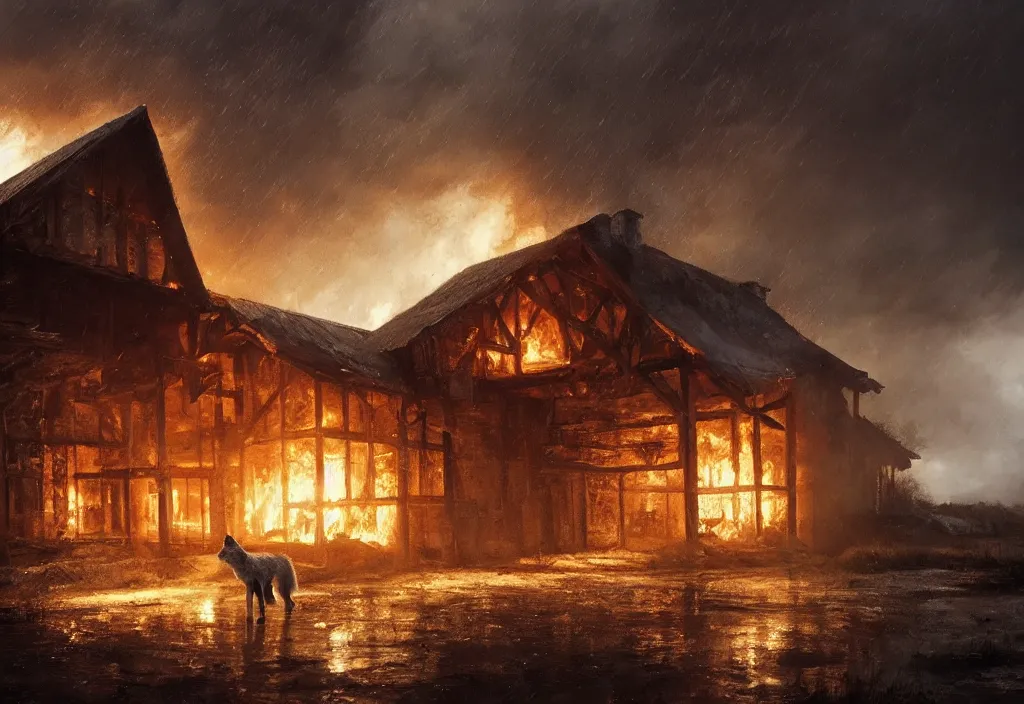 Image similar to a white wolf in front of a large burning timber house, artstation, jakub rozalski, high detail, dramatic lighting, night, rain