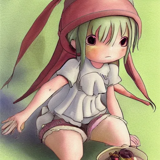 Prompt: little girl, bunny suit, artwork in made in abyss art style, inspired in balthus, clean details, baby color palette, candy, anatomically proportional, hd