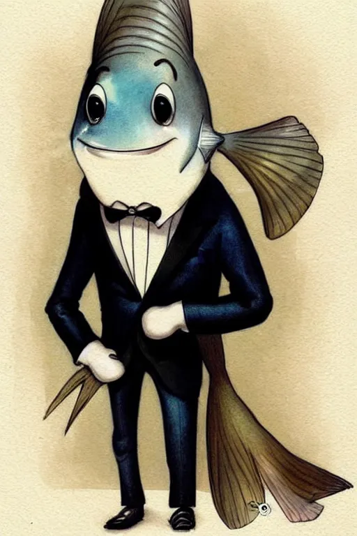 Prompt: cartoon fish in tuxedo. muted colors. by jean - baptiste monge!!!!!!!!!!!!!!!!!!!!!!!!!!!