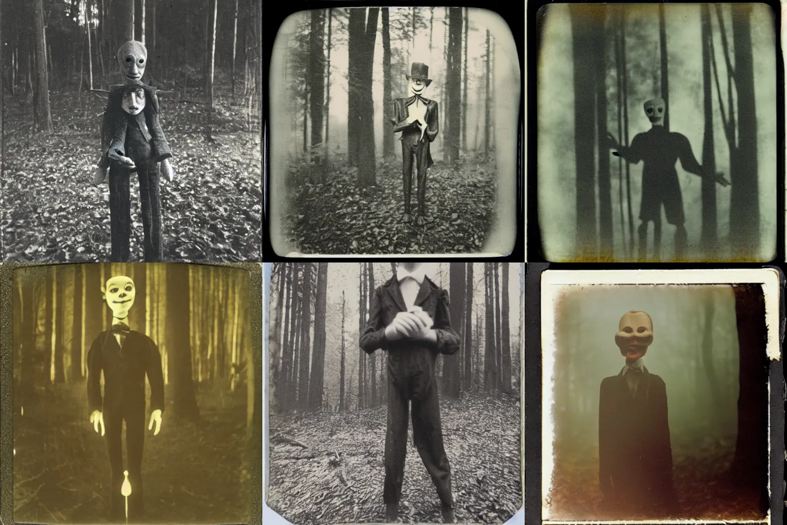 Prompt: an eerie polaroid photograph of a ventriloquist dummy standing in the forest, nighttime, dimly lit, creepy