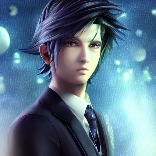 Image similar to a handsome young man in a in a magical field, detailed face, wearing a black suit, piercing gaze, final fantasy cutscene, in the style of Yoshitaka Amano, moonray render, ray tracing —H 640