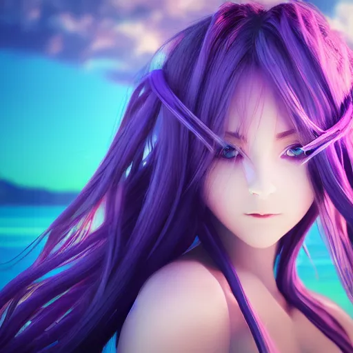 Prompt: abstract render as a very beautiful 3d anime girl, long braided purple hair, azure blue eyes, full round face, short smile, casual clothes, serene beach setting, cinematic lightning, medium shot, mid-shot, highly detailed, trending on Artstation, Unreal Engine 4k, cinematic wallpaper