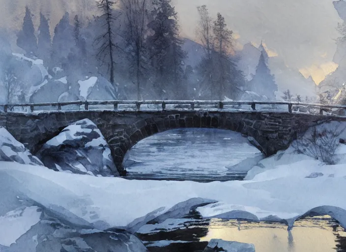 Prompt: watercolor of frozen lake, stone bridge, art by anders zorn, wonderful masterpiece by greg rutkowski, beautiful cinematic light, american romanticism by greg manchess, creation by tyler edlin