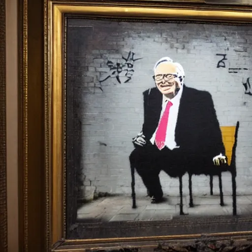 Prompt: A photograph of a Banksy painting of Warren Buffet in Venice