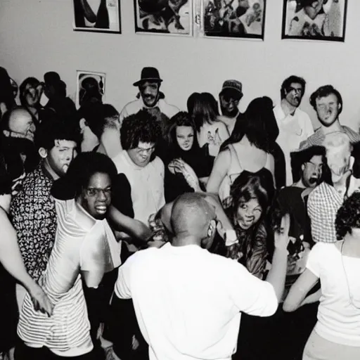 Image similar to photo of a small party with people partying in the early 1990's. 2pac can be seen in the background.