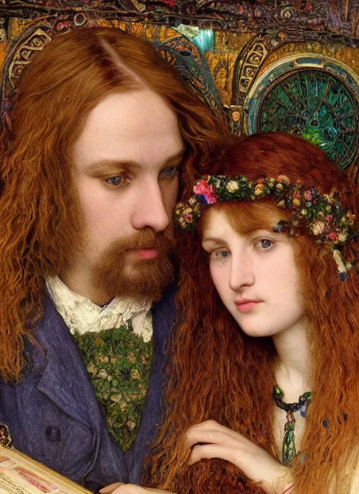 Prompt: colourful masterpiece of intricate detailed preraphaelite photography couple portrait sat down extreme closeup, love, inside a beautiful underwater train, man with long hair and long beard wearing glasses, woman with large lips eyes and straight fringe, detailed realistic expressions, colourful unusual clothes, by ford madox brown and william powell frith and frederic leighton and john william waterhouse and greg hildebrandt and william morris