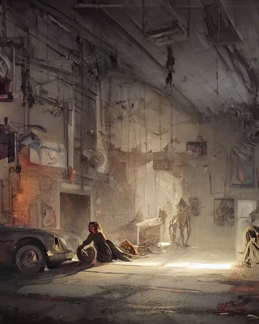 Image similar to a highly detailed epic cinematic concept art CG render digital painting artwork: old dead couple at a decayed gas station surrounded by dark figures. By Greg Rutkowski, in the style of Francis Bacon and Syd Mead and Norman Rockwell and Beksinski, open ceiling, highly detailed, painted by Francis Bacon and Edward Hopper, painted by James Gilleard, surrealism, airbrush, Ilya Kuvshinov, WLOP, Stanley Artgerm, very coherent, triadic color scheme, art by Takato Yamamoto and James Jean