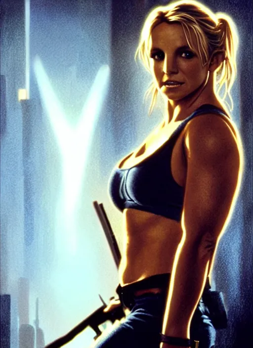 Image similar to A film still of Britney Spears as John Mcclane in die hard, highly detailed, digital painting, artstation, concept art, sharp focus, illustration, cinematic lighting, art by artgerm and greg rutkowski and alphonse mucha diffuse lighting, fantasy, intricate, elegant, highly detailed, lifelike, photorealistic, digital painting, artstation, illustration, concept art, smooth, sharp focus, art by John Collier and Albert Aublet and Krenz Cushart and Artem Demura and Alphonse Mucha