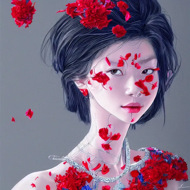 Image similar to studio portrait absurdly beautiful, elegant, graceful, young hypercolorful contrast korean gravure idol rubies and red petals, ultrafine hyperrealistic detailed face illustration by kim jung gi, irakli nadar, intricate linework, sharp focus, bright colors, matte, octopath traveler, final fantasy, unreal engine highly rendered, global illumination, radiant light, intricate environment