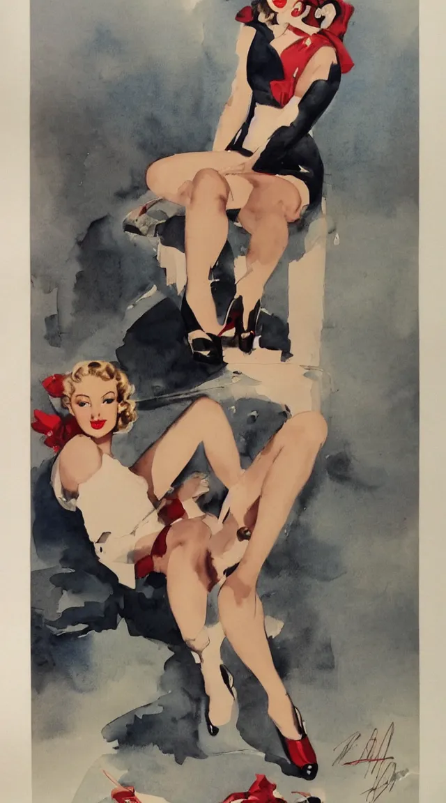 Prompt: a portrait full body pin up post war dressing a military unioform,water color, Gil Elvgren style